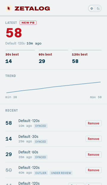 The ZetaLog popup showing a latest score, personal bests and recent games