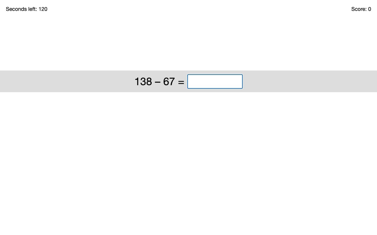A Zetamac game with the timer, score and answer field visible